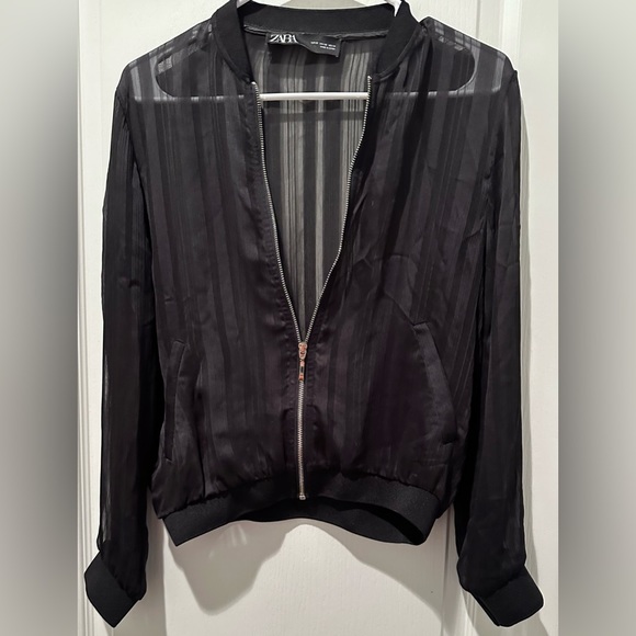 Zara Sheer Multi Stripe Organza Bomber Jacket Front Zip Ribbed Neck & Cuffs - Picture 2 of 11